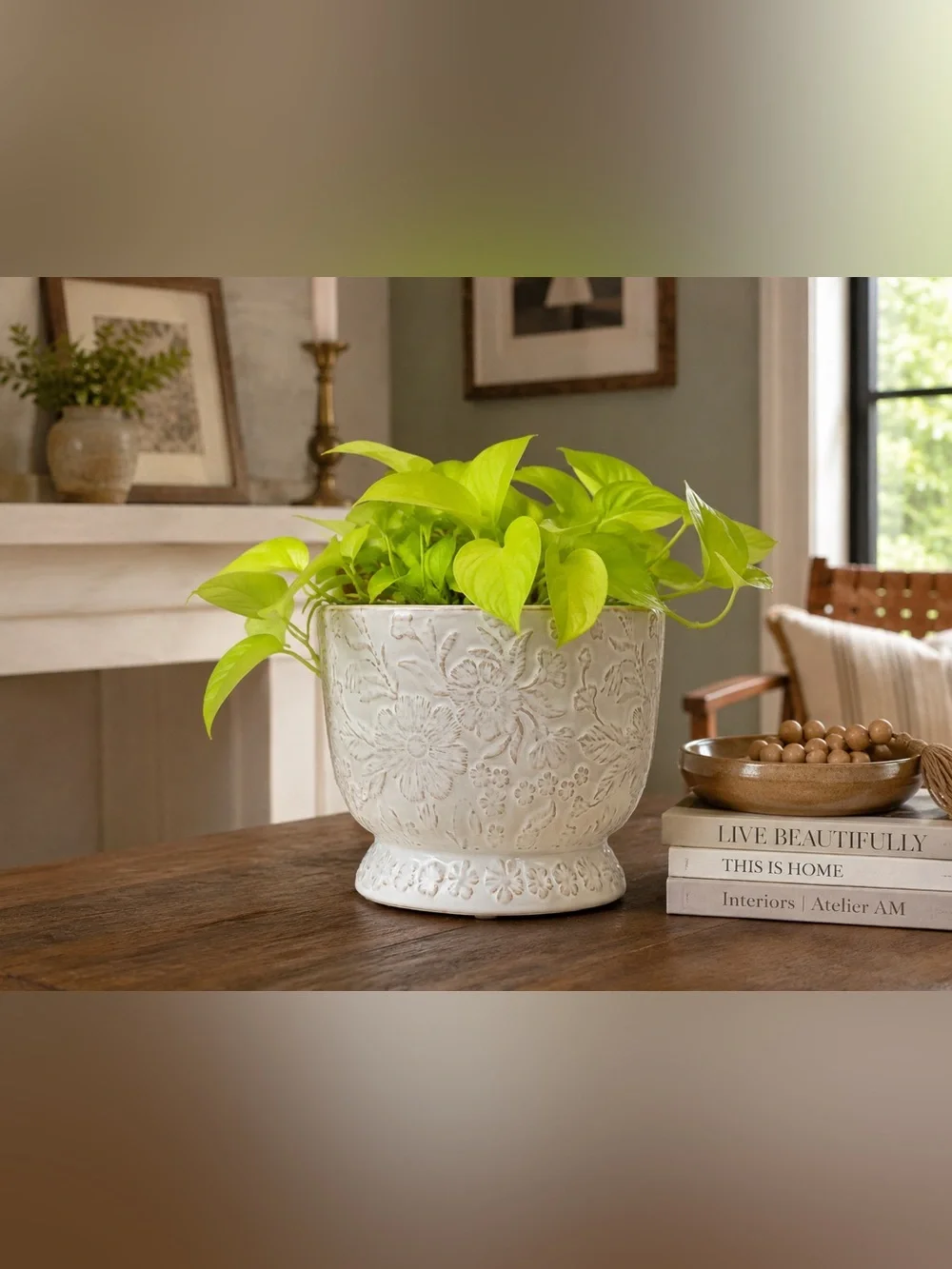 Ceramic Floral Planter with Drainage Hole - 7.5 Inch White Embossed Flower Pot